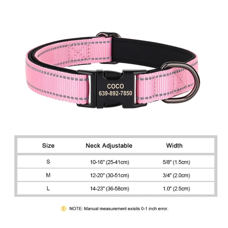 Reflective Personalized Nylon Dog Collar with Engraved ID Tag – Soft Padded, Adjustable for Small to Large Breeds