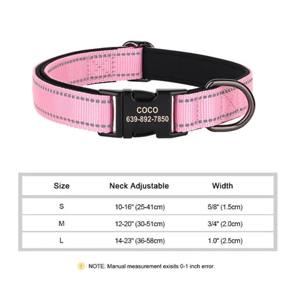 Reflective Personalized Nylon Dog Collar with Engraved ID Tag – Soft Padded, Adjustable for Small to Large Breeds