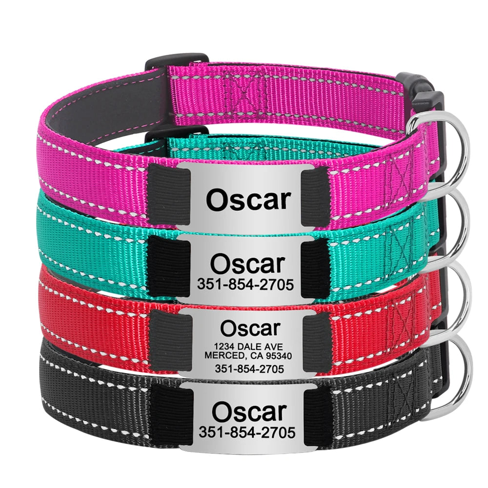 Reflective Personalized Nylon Dog Collar with Engraved ID Tag – Soft Padded, Adjustable for Small to Large Breeds