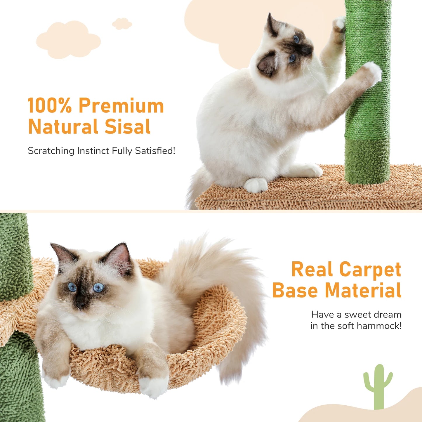 Adjustable 5-Tier Floor-to-Ceiling Cactus Cat Tower – Sisal Scratching Posts, Hammock & Dangling Ball