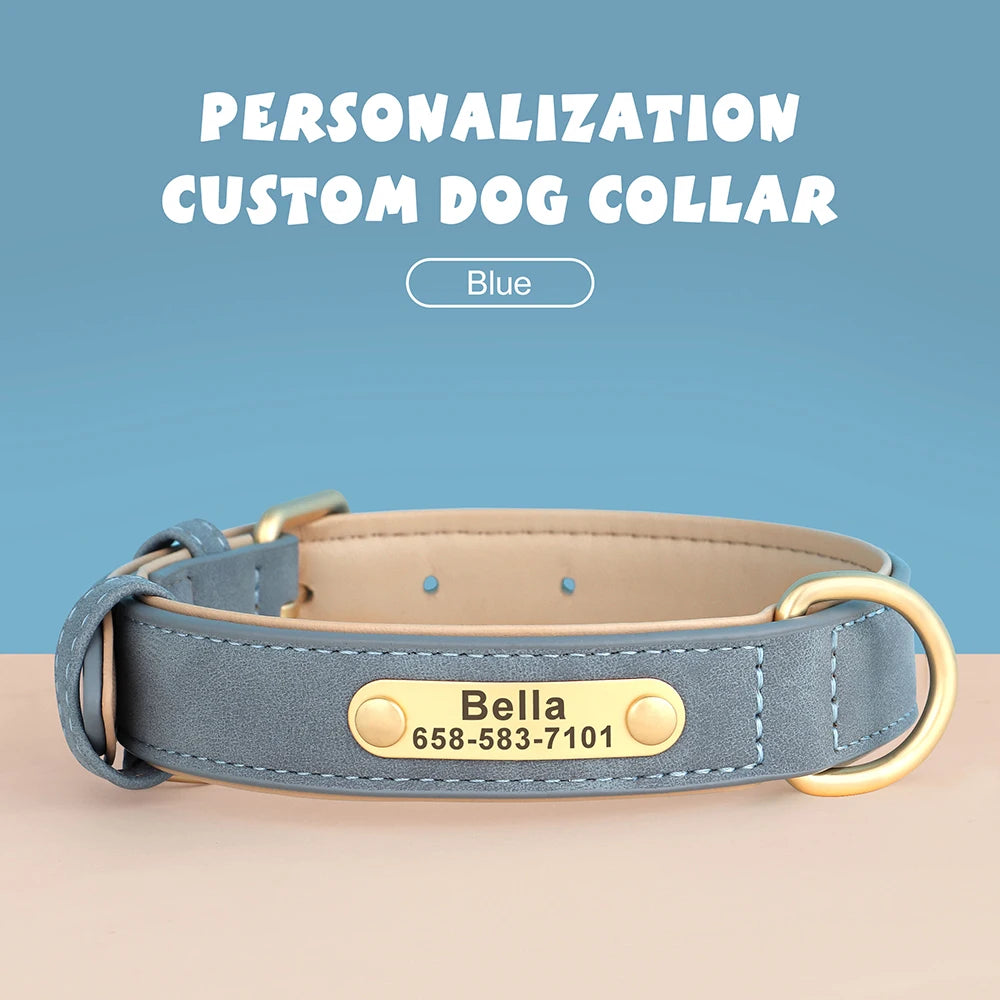 Personalized PU Leather Dog Collar with Engraved ID Nameplate – Anti-Lost, Adjustable for Small, Medium & Large Dogs
