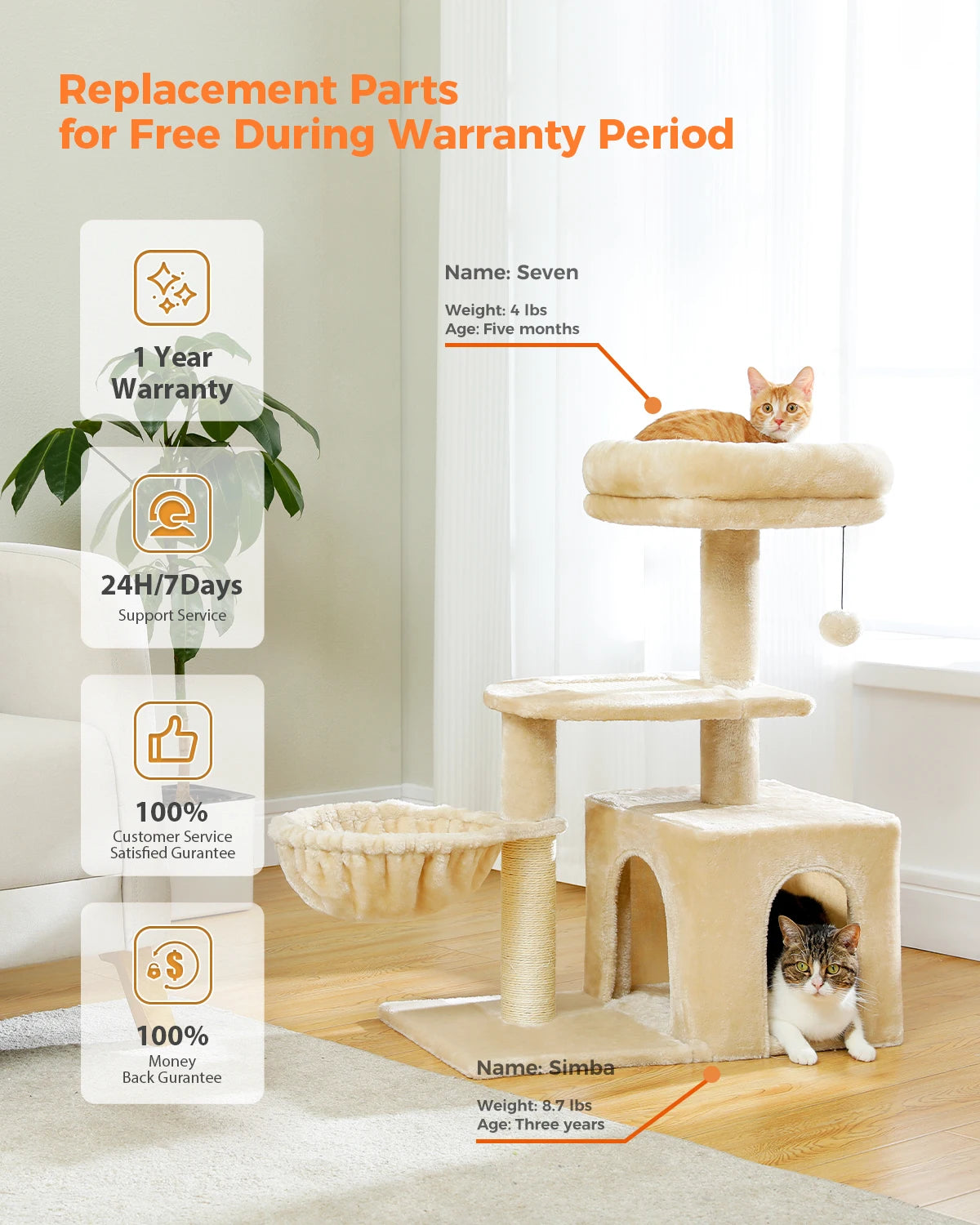 Gray Indoor Cat Activity Tree & Tower – Big Hammock, Removable Top Perch & Sisal Scratching Posts (2 Styles)