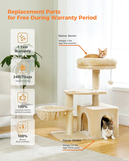 Gray Indoor Cat Activity Tree & Tower – Big Hammock, Removable Top Perch & Sisal Scratching Posts (2 Styles)