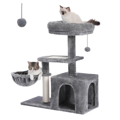 Gray Indoor Cat Activity Tree & Tower – Big Hammock, Removable Top Perch & Sisal Scratching Posts (2 Styles)