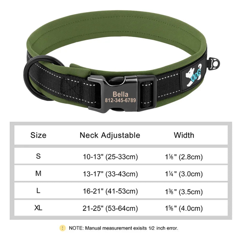 Reflective Personalized Nylon Dog Collar with Engraved ID Tag – Soft Padded, Adjustable for Small to Large Breeds