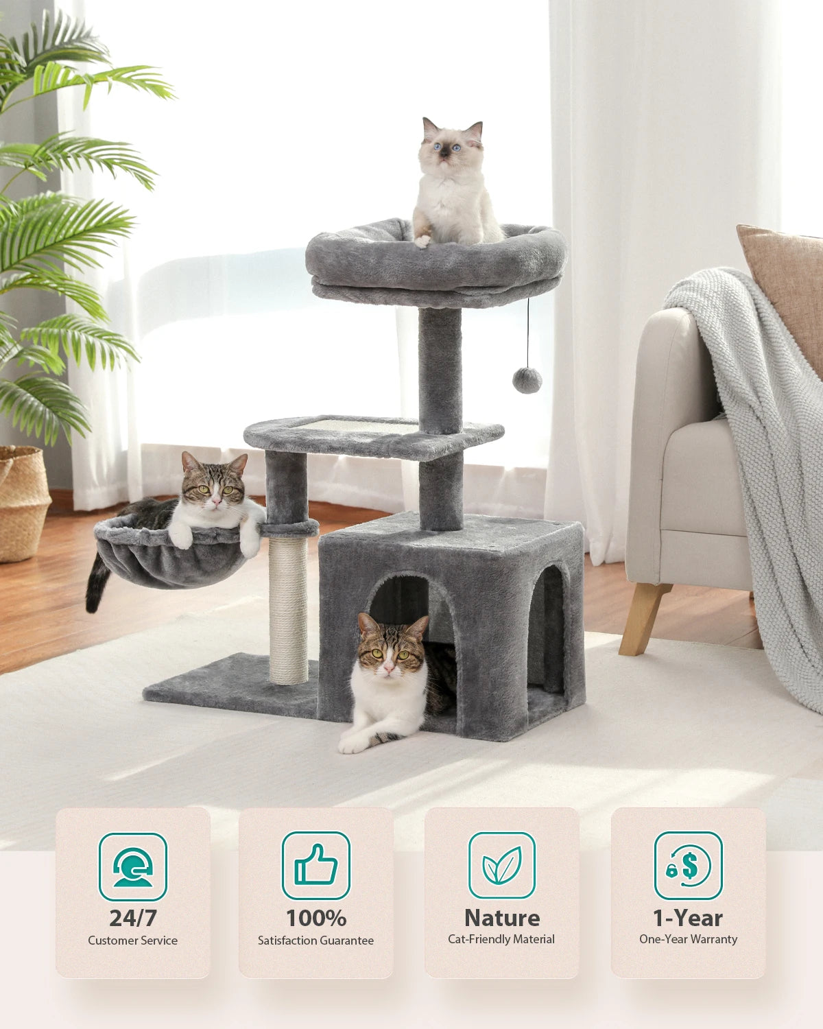 Gray Indoor Cat Activity Tree & Tower – Big Hammock, Removable Top Perch & Sisal Scratching Posts (2 Styles)