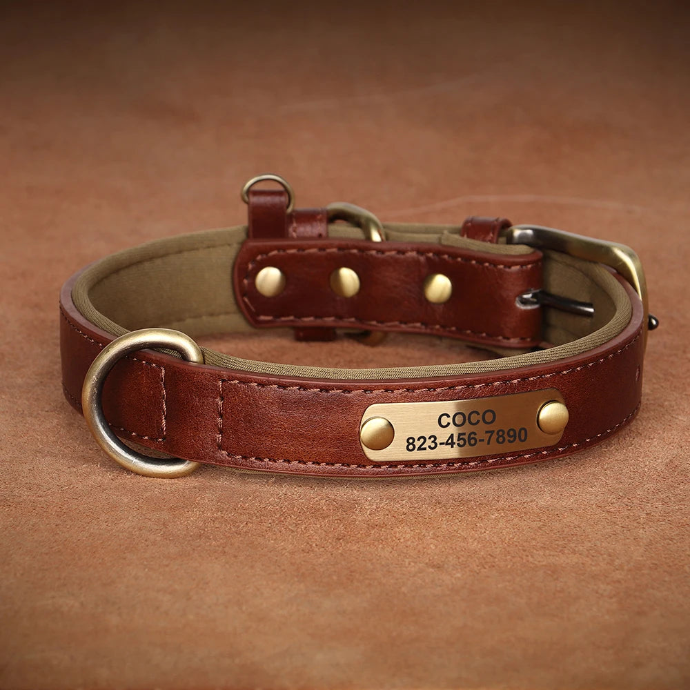Personalized PU Leather Dog Collar with Engraved ID Nameplate – Anti-Lost, Adjustable for Small, Medium & Large Dogs