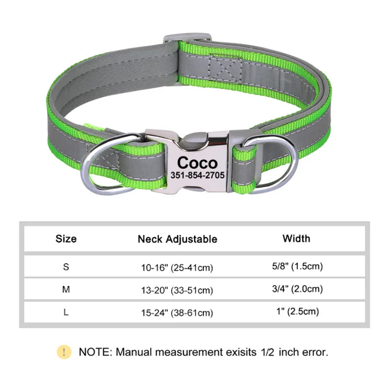Reflective Personalized Nylon Dog Collar with Engraved ID Tag – Soft Padded, Adjustable for Small to Large Breeds
