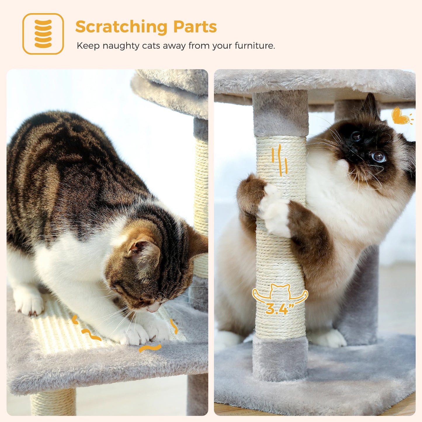 Gray Indoor Cat Activity Tree & Tower – Big Hammock, Removable Top Perch & Sisal Scratching Posts (2 Styles)