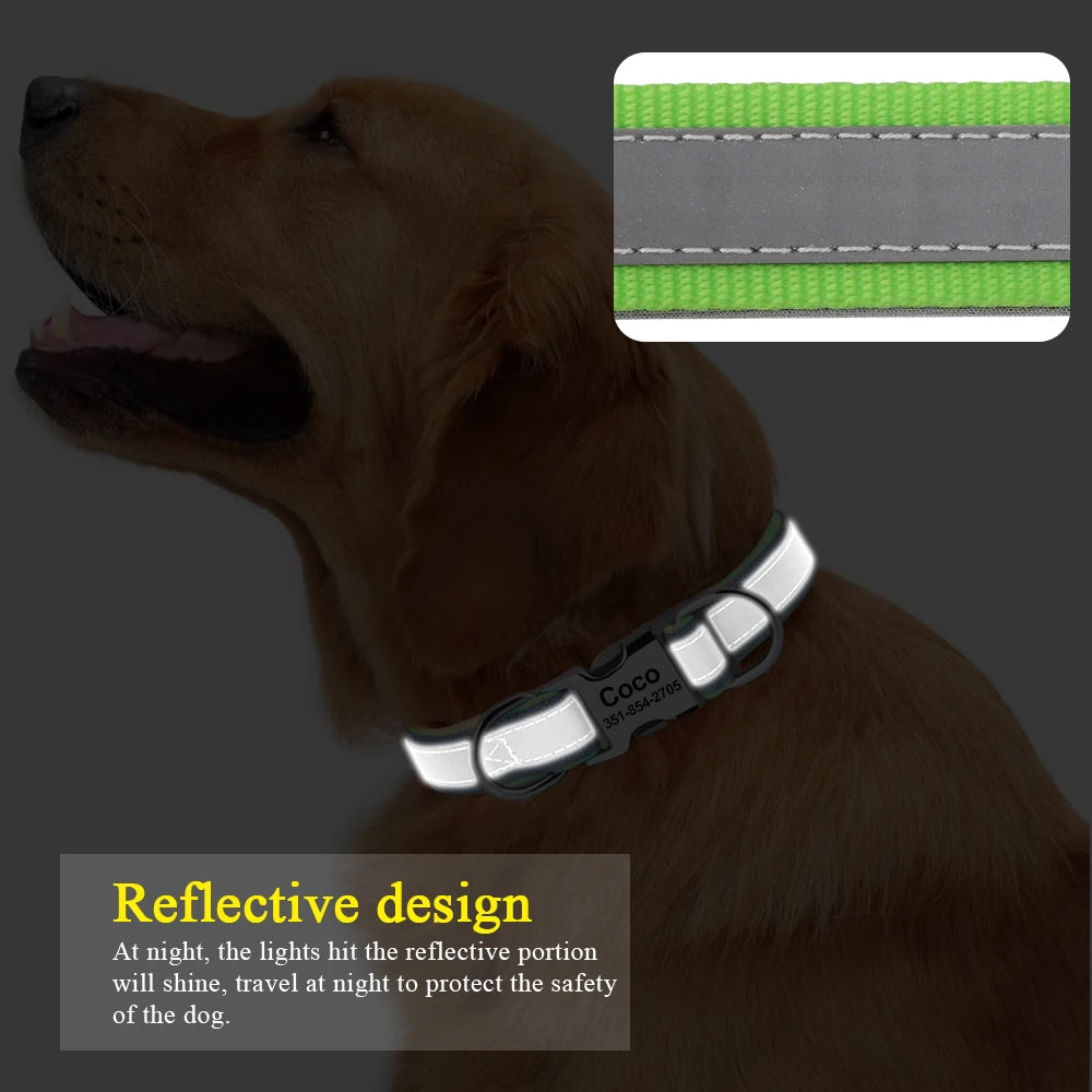 Reflective Personalized Nylon Dog Collar with Engraved ID Tag – Soft Padded, Adjustable for Small to Large Breeds