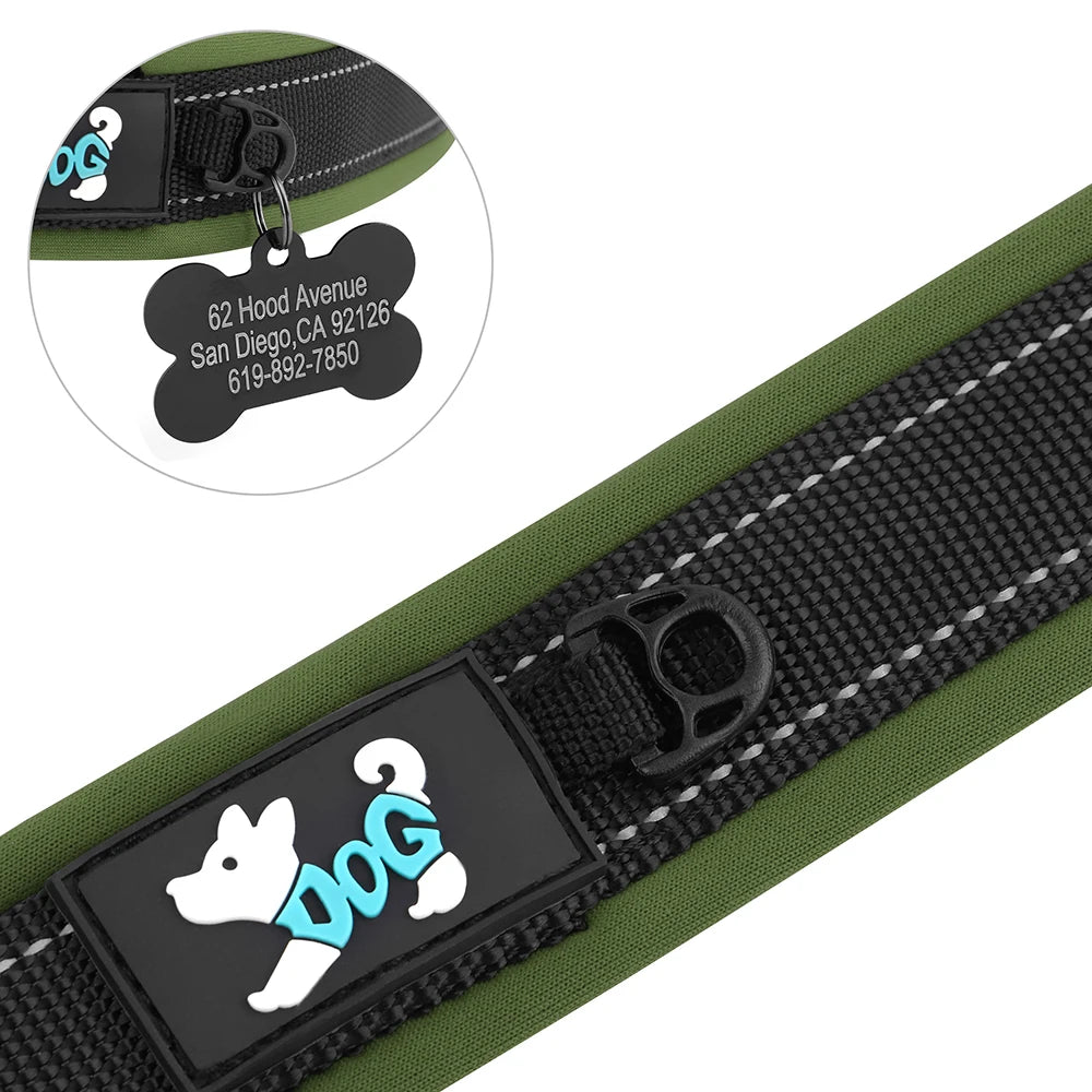Reflective Personalized Nylon Dog Collar with Engraved ID Tag – Soft Padded, Adjustable for Small to Large Breeds