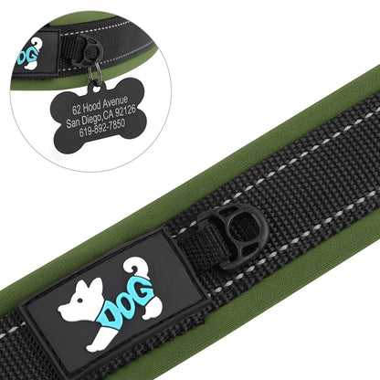 Reflective Personalized Nylon Dog Collar with Engraved ID Tag – Soft Padded, Adjustable for Small to Large Breeds