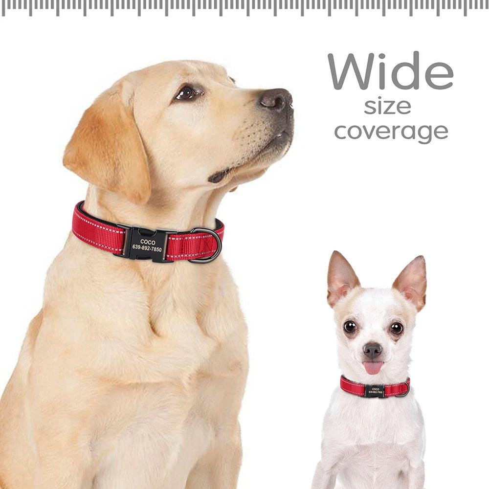 Reflective Personalized Nylon Dog Collar with Engraved ID Tag – Soft Padded, Adjustable for Small to Large Breeds